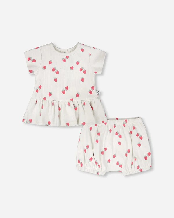 Children's outfit with top and shorts featuring red strawberry patterns on a white background