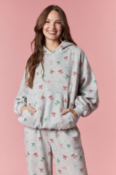 Peach Love California tween oversized bow-print hoodie in heather grey, style YIKT300313-02; hoodie only