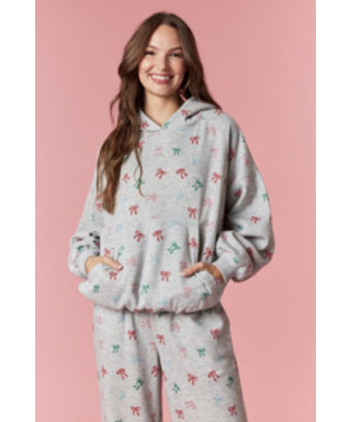 Peach Love California tween oversized bow-print hoodie in heather grey, style YIKT300313-02; hoodie only
