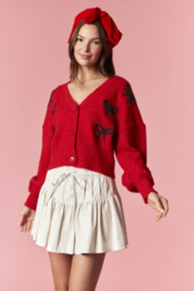 Peach Love California tween red cardigan with black braided cord bows, style YIKT801102-01