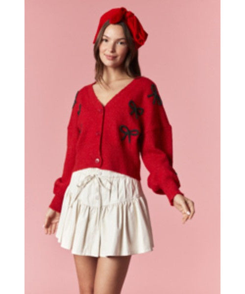 Peach Love California tween red cardigan with black braided cord bows, style YIKT801102-01