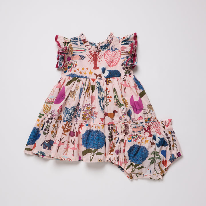 Pink Chicken Baby Girls Jennifer Dress and bloomers in 20 Years of PC anniversary print, front view