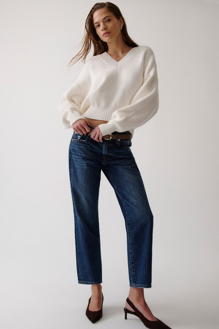 Pistola Issa mid-rise relaxed ankle straight jeans in Mirage, front styled view; top and shoes sold separately