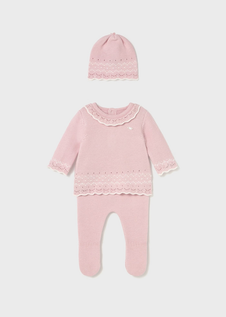 Pink Ruffle Trim Sweater Set with Hat