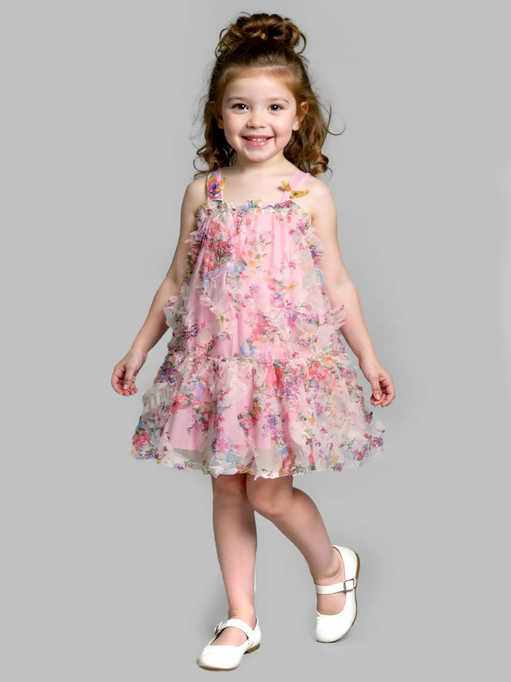 Floral Butterfly 3D Ruffle Printed Dress