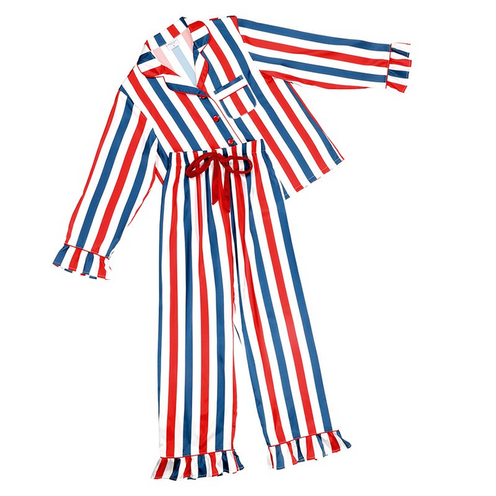 Full-Length Pant Ruffled PJ Set with Velvet Tie - Red, White + Blue Stripe