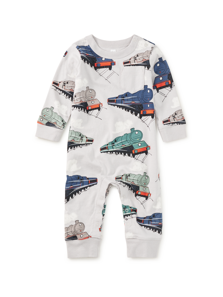 Tea Collection Long Sleeve Pocket Baby Romper - Great Railway Journey