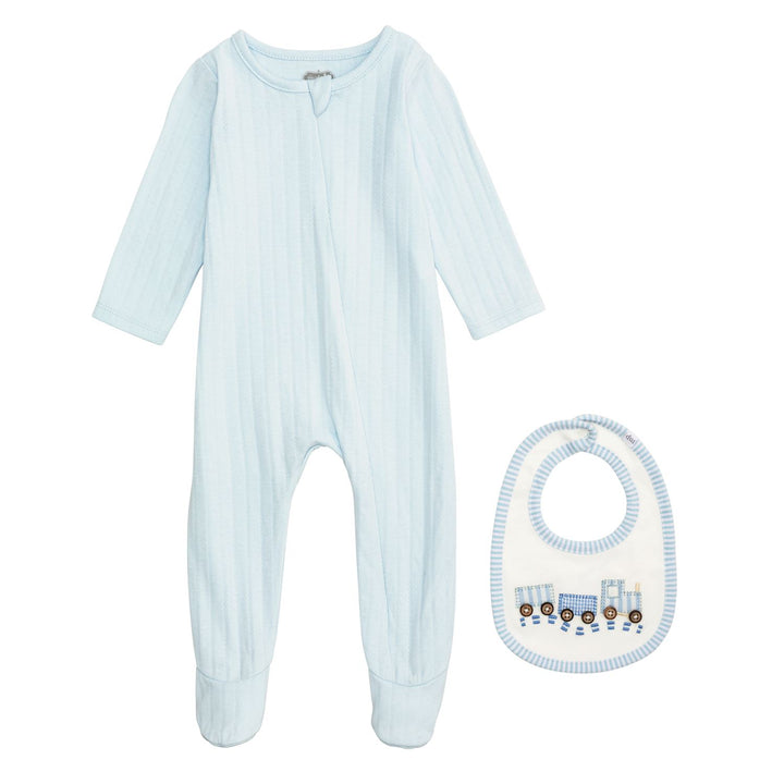 Blue Sleeper With Train Bib Set