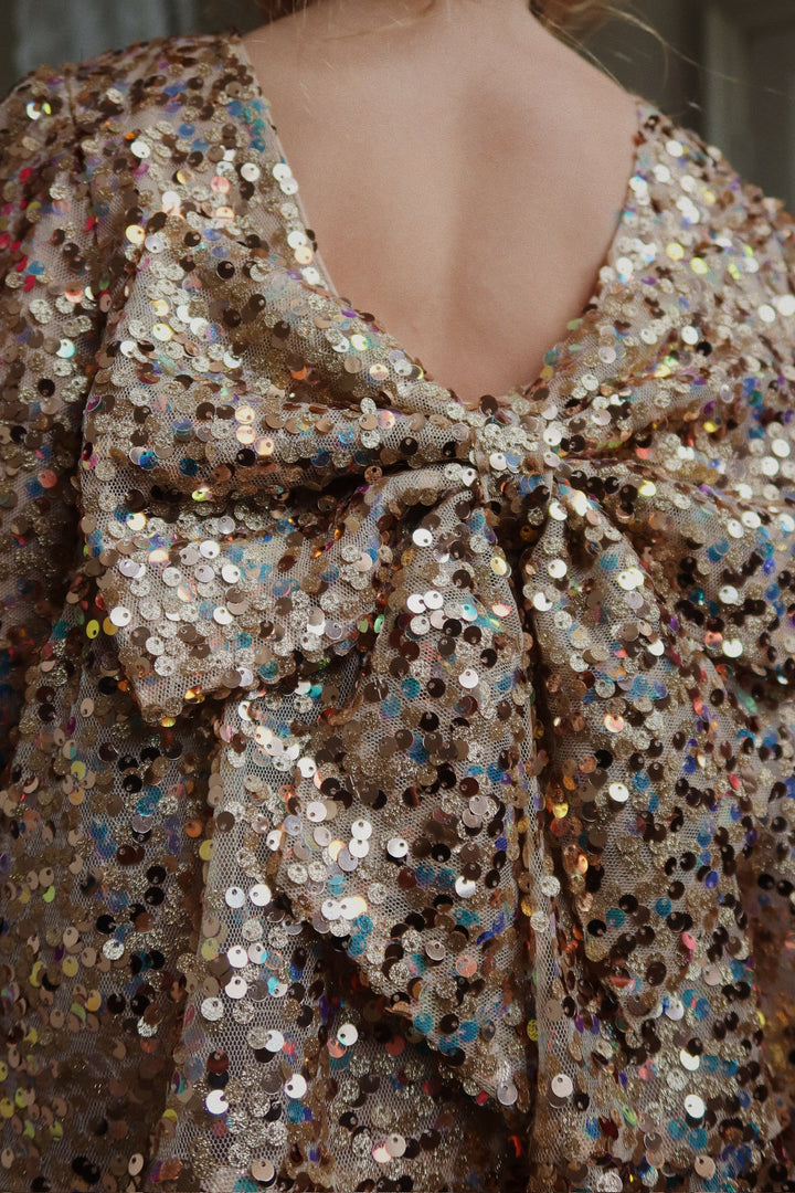 Lila Gold Sequins Bow Back Dress