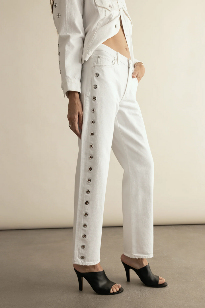 Lexi Mid Rise Gromet Bowed Straight Leg in White