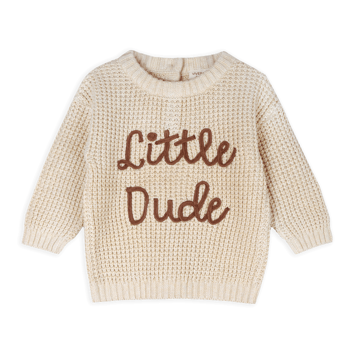 Viverano Organics Little Dude Embroidered & Stripe Sweater Knit Baby Pullover in Oatmeal Heather