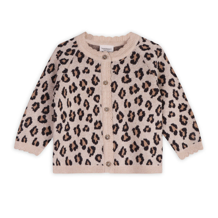 Viverano Organics Leopard Jacquard Sweater Knit Baby Cardigan in Oatmeal Heather
