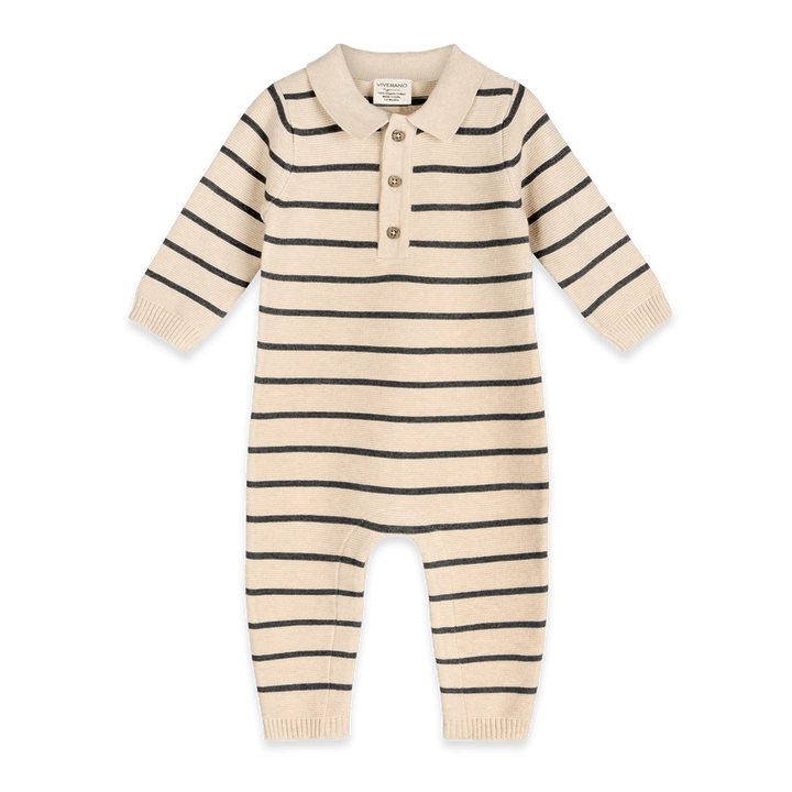 Viverano Organics Stripe & Collar Knit Baby Jumpsuit in Oatmeal