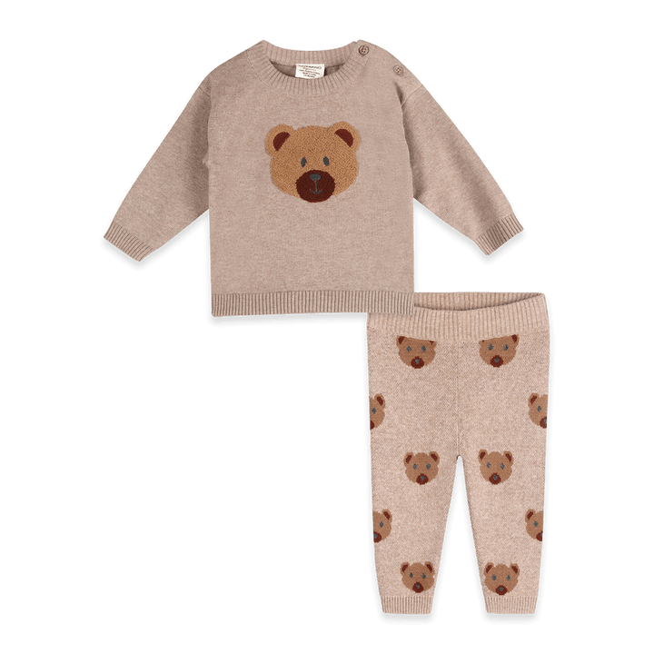 Viverano Organics Bear Knit Baby Pullover & Pant Set in Marl Brown