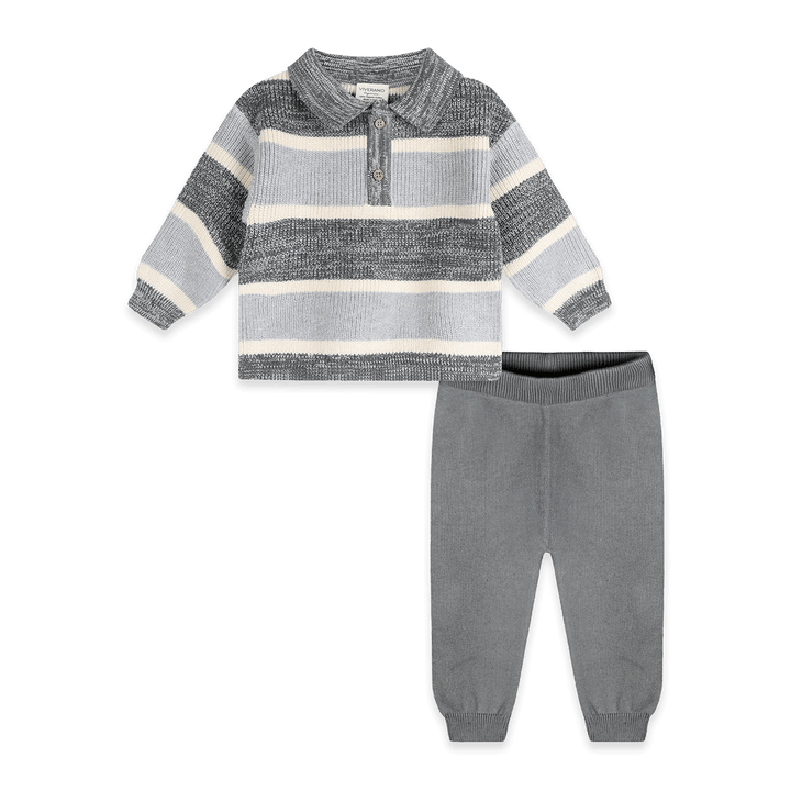 Viverano Organics Rugby Stripe Polo Knit Baby Pullover & Pants Set in Charcoal