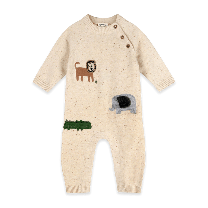 Viverano Organics Safari Animals Baby Knit Jumpsuit in Oatmeal