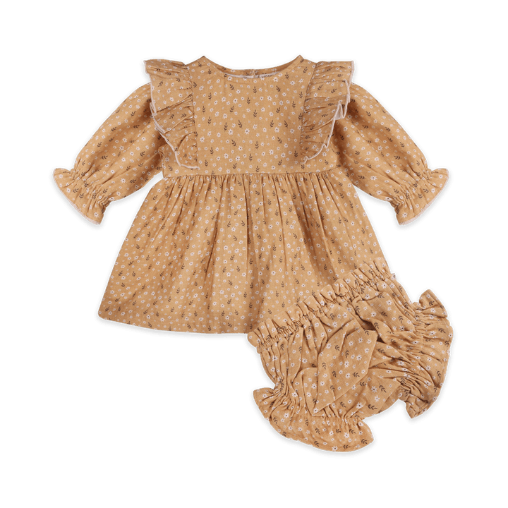 Viverano Organics Floral Ruffle Baby Dress & Bloomer in Mustard