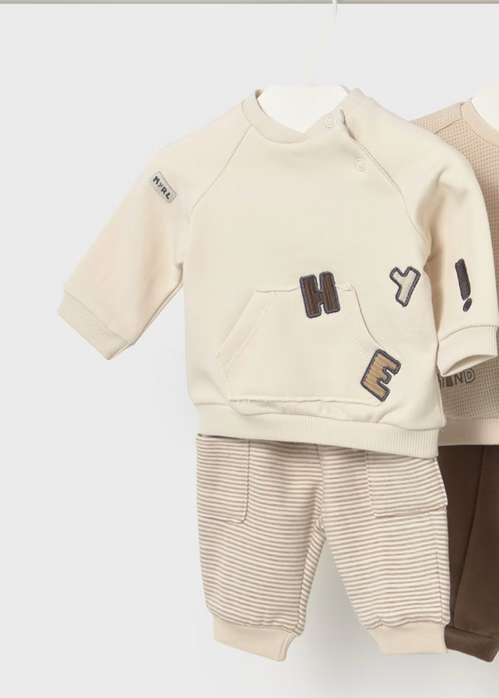 Tan Hey Letter Sweatshirt Set with Brown Pants