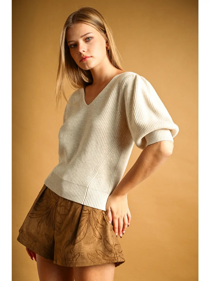 V-Neck Puff Sleeve Sweater
