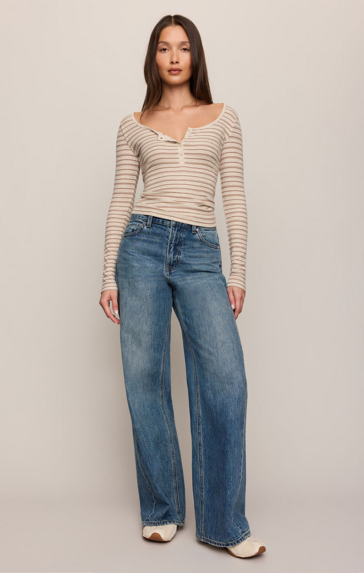 ZSU Andie Striped Henley Top in Light Oatmeal Heather