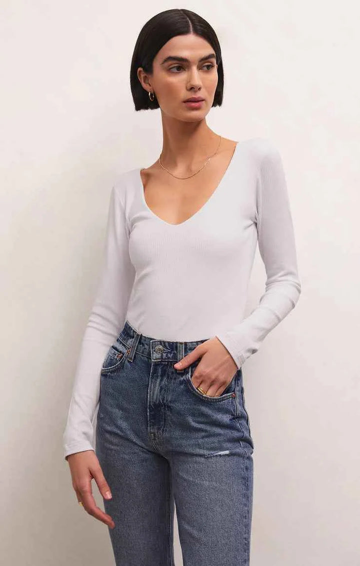 ZSU Aden White V-Neck Rib Top