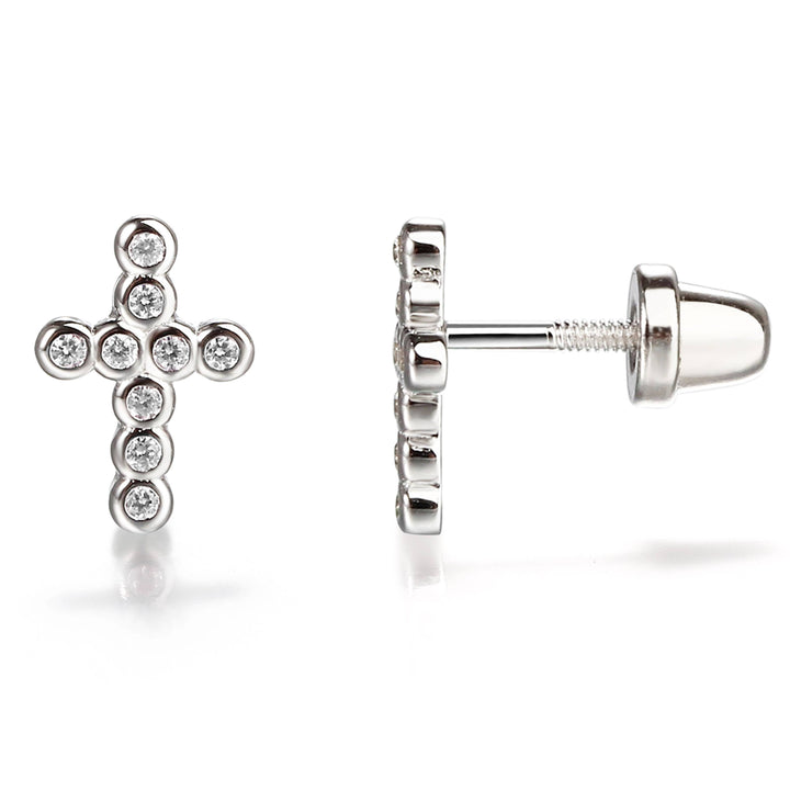 Sterling Silver Baptism Cross CZ Earrings