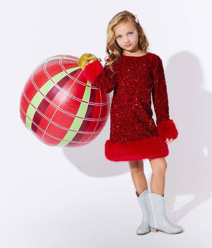 Ruby Red Shimmer Sequins Fur Cuff Dress