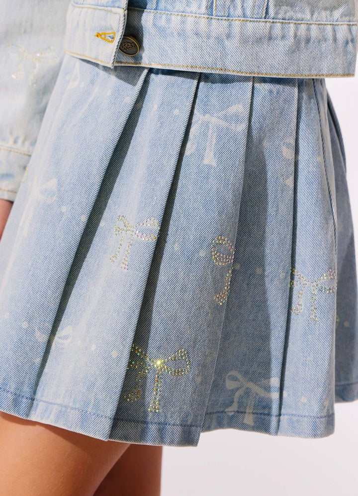 Bow Denim Pleated Skirt
