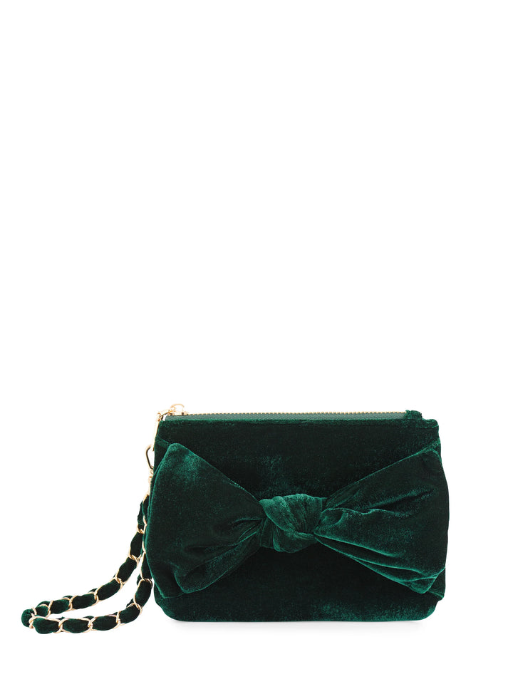 Bea Velvet Bow Wristlet Bag in Emerald
