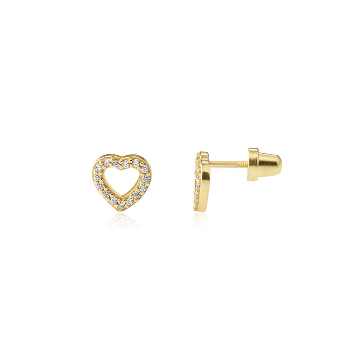 14K Gold Plated Girls Screw-Back CZ Open Heart Earrings