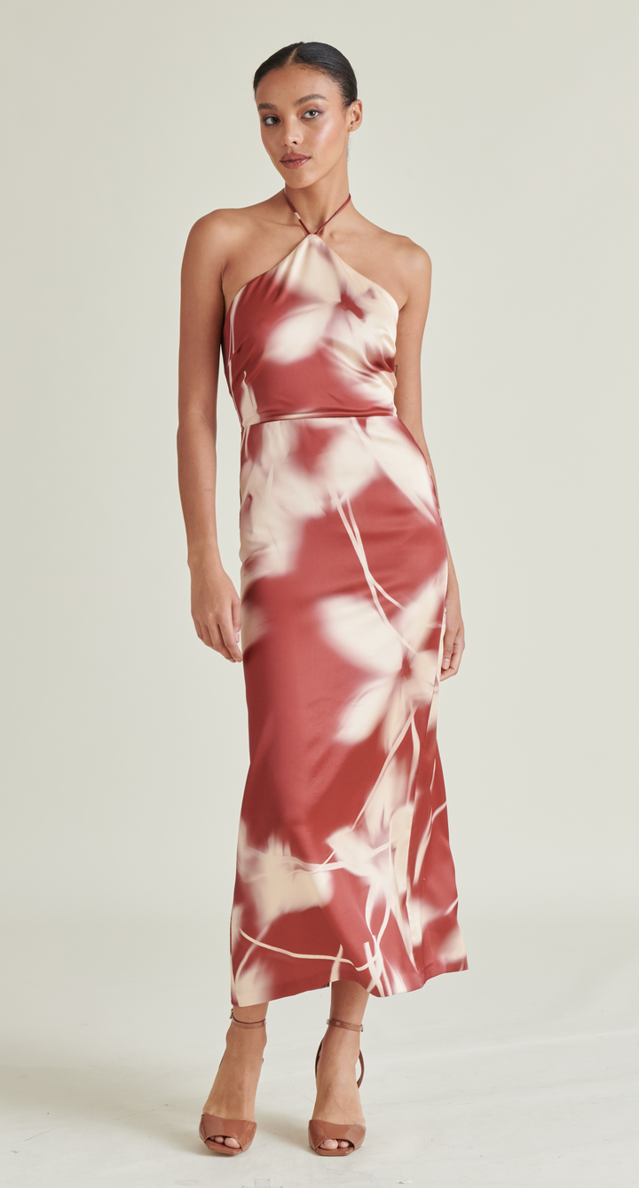 Oaklyn Rust Floral Satin Halter Dress