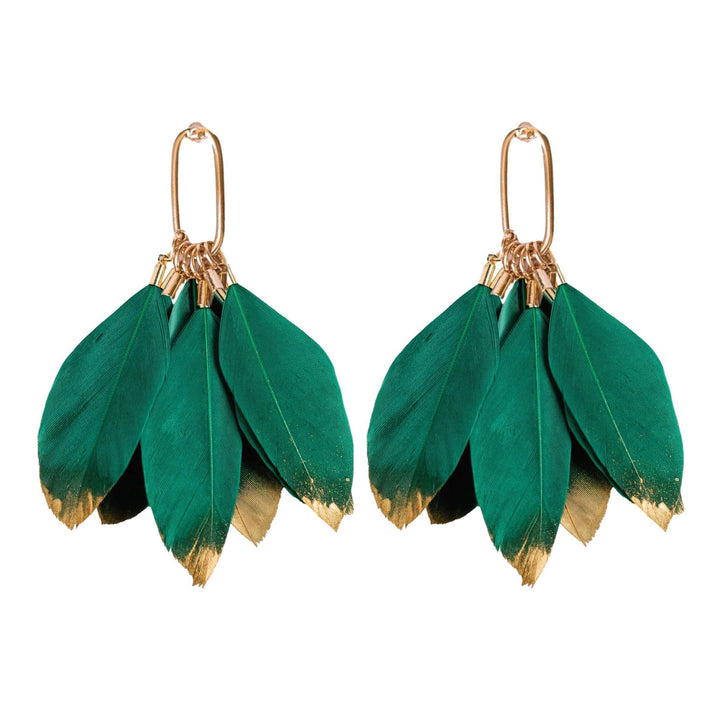 STA Emerald Gold Dipped Fall Feather Tassel Statement Earrings