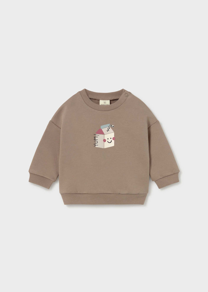 Front of Mayoral brown baby sweatshirt with smiling carton graphic, ribbed trim and shoulder snaps, style 2.409.