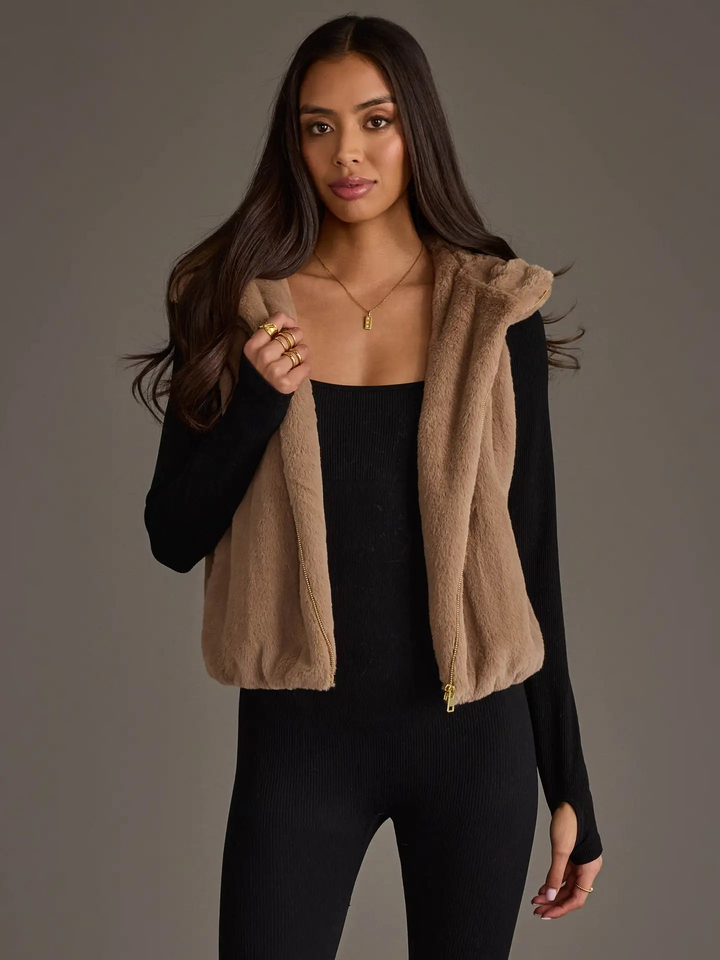 Light Brown Faux Fur Vest with Hood