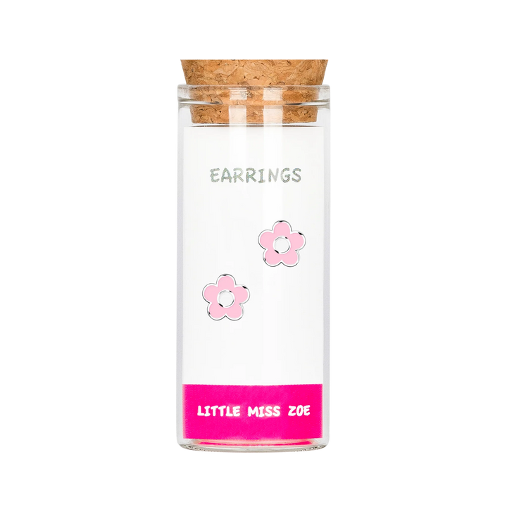 LMZ Pink Flower Stud Earrings in Glass Bottle