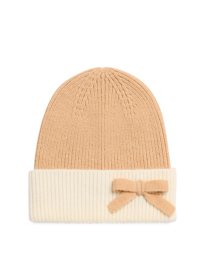 Mia Beanie Hat with Bow in Tan