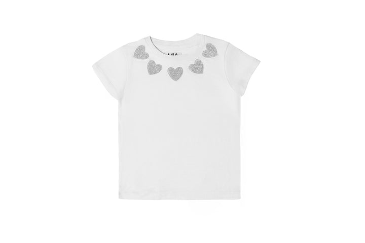White Short Sleeve Tee with Glitter Hearts