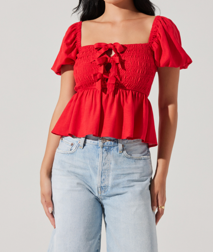 Darlene Puff Sleeve Peplum Top in Red