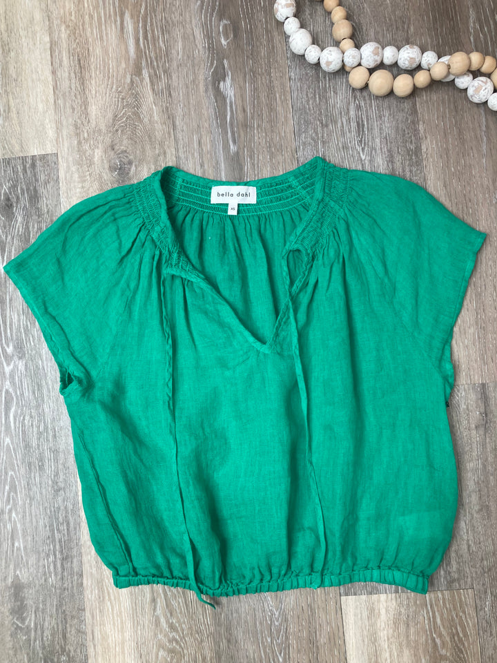 Smocked Tie Top in Tropical Green Linen