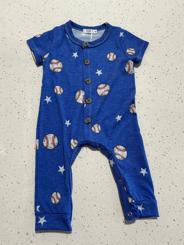 Blue baby romper with baseball and star patterns on a light gray background