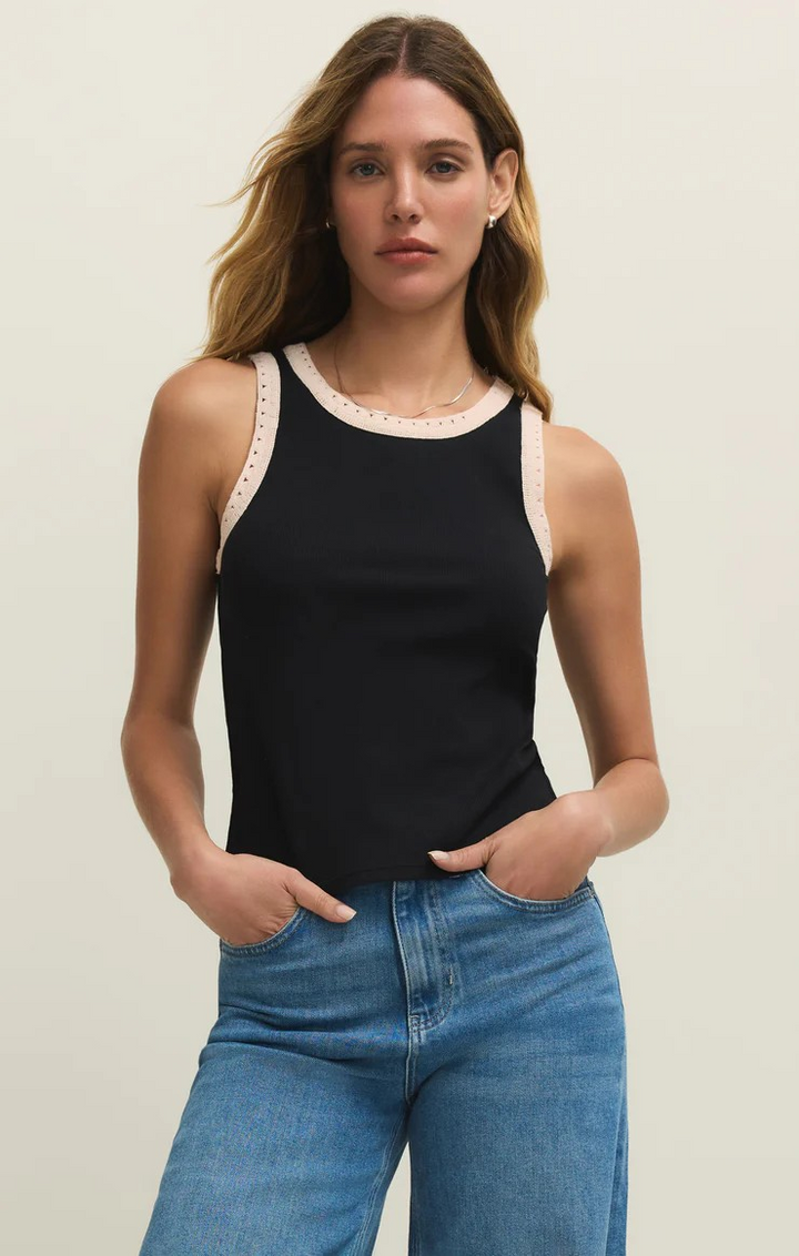 Clarke Ribbed Crocheted Trim Tank in Black