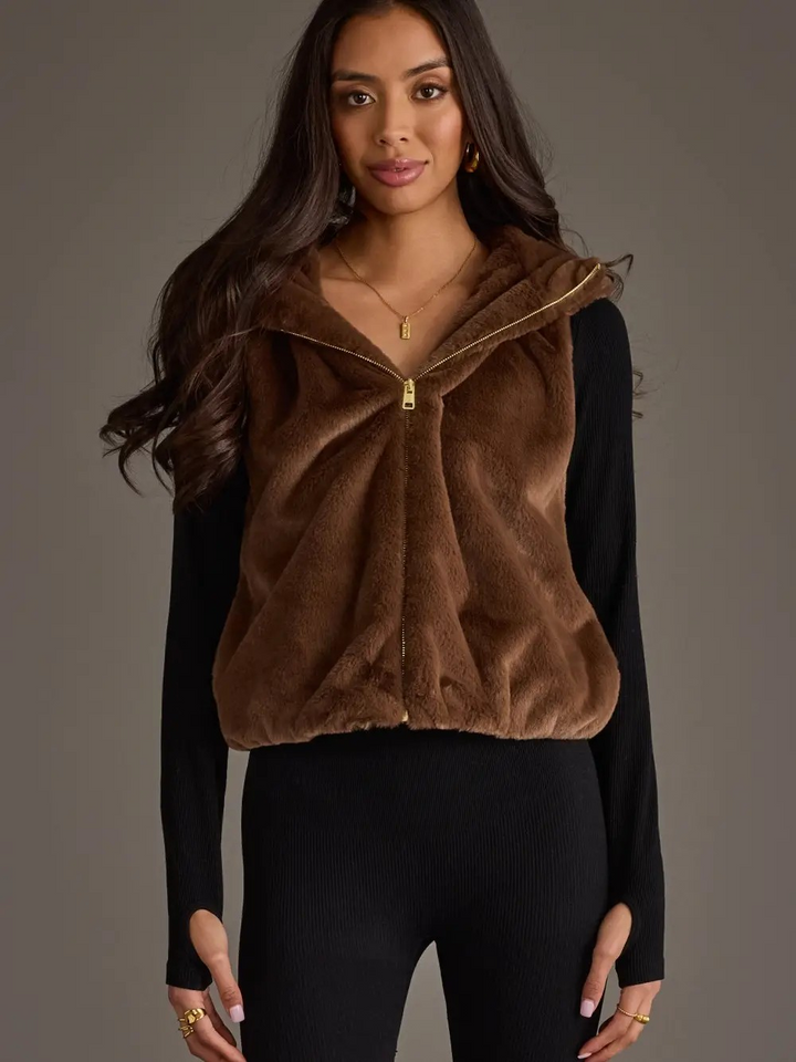 Dark Brown Faux Fur Vest with Hood