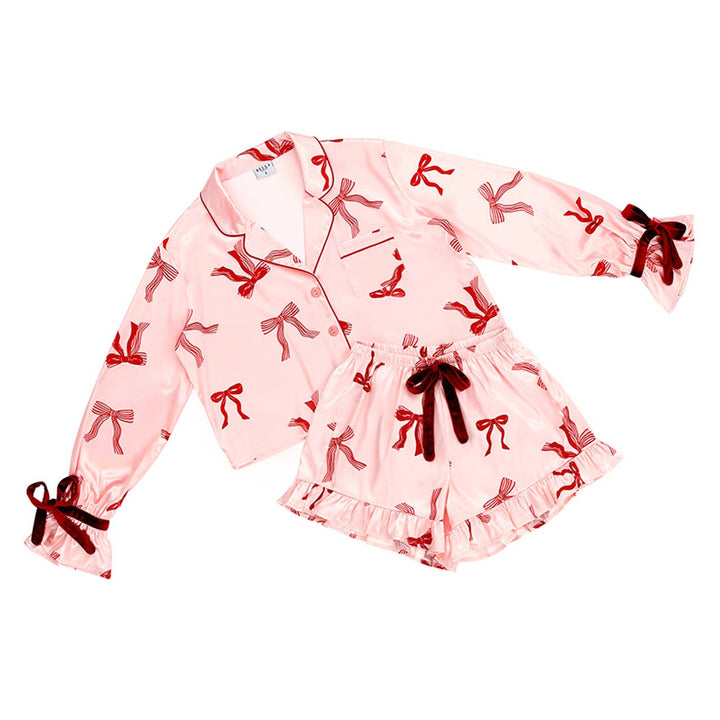 Cropped Short PJ Set With Velvet Ties - Striped Bows