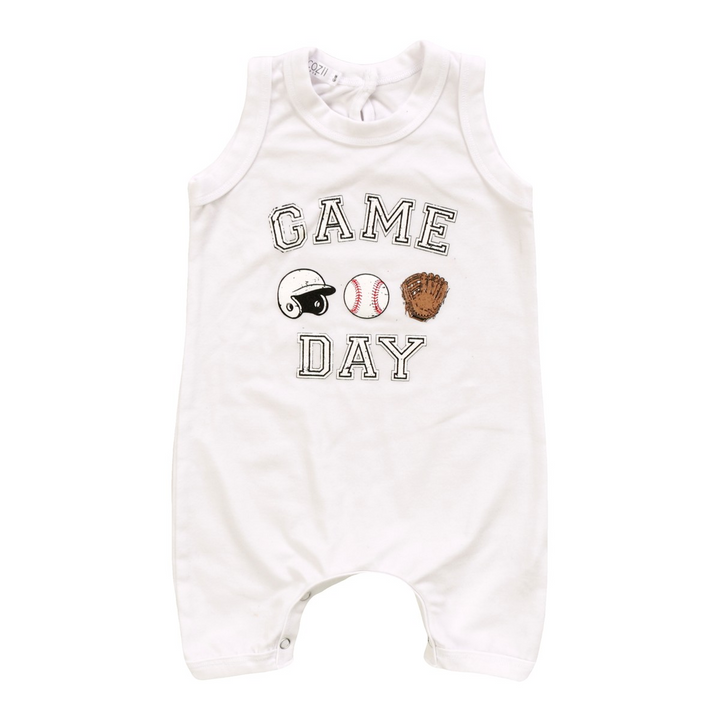 Baby romper with 'Game Day' text and sports-themed graphics on a white background