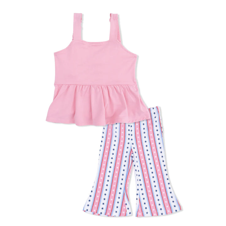 Pink top and striped pants set on a white background stars and stripes USA girl toddler set