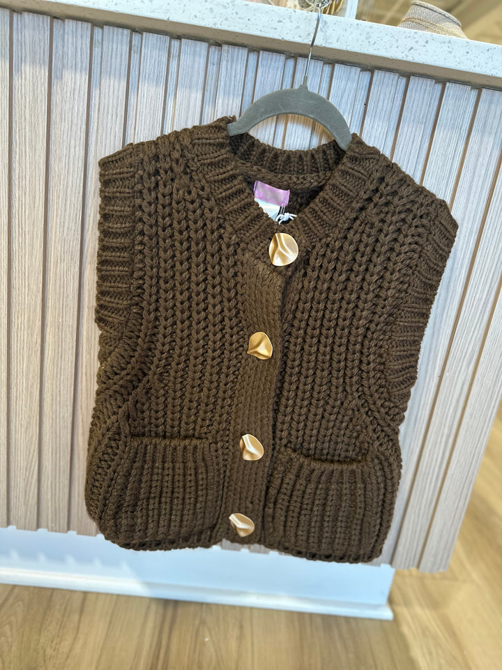 Brown Chunky Sweater Vest with Gold Buttons