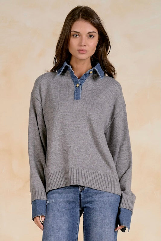 ELAN Grey Sweater with Denim Collar
