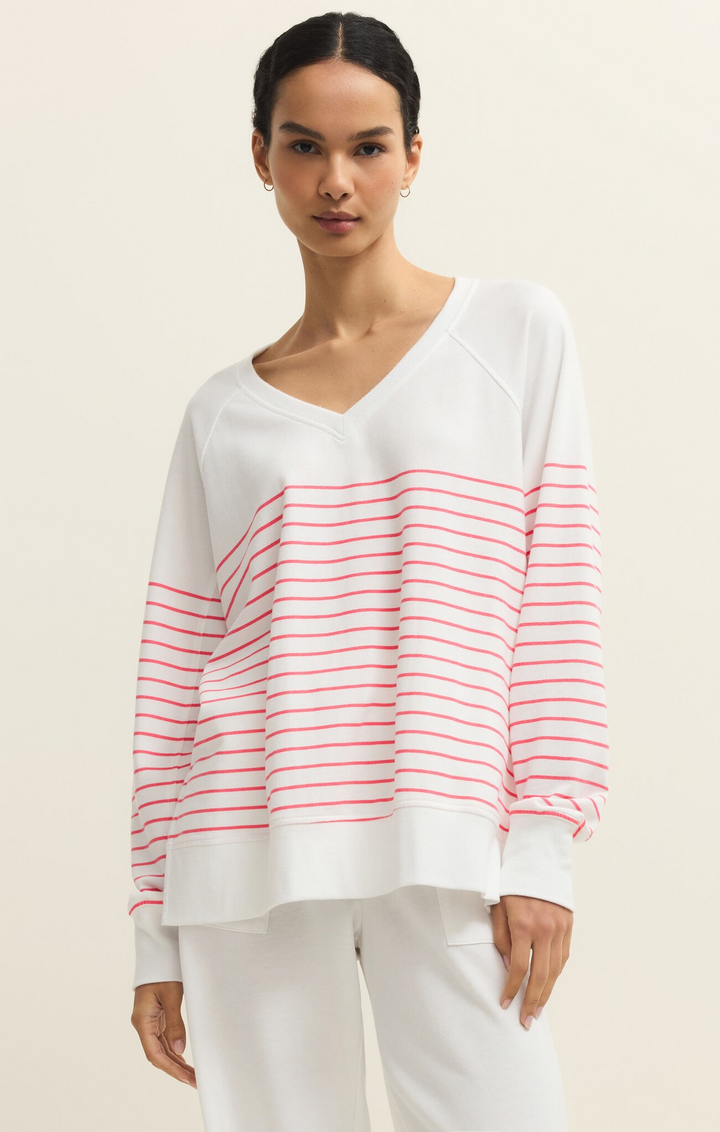 Weekender Stripe V Neck Pullover in White Stripe