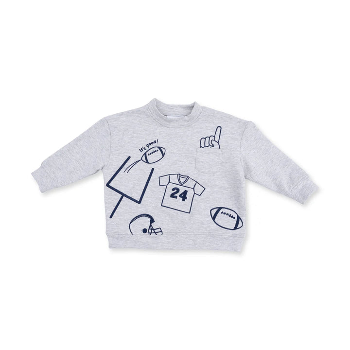 Gray sweatshirt with sports-themed graphics on a white background