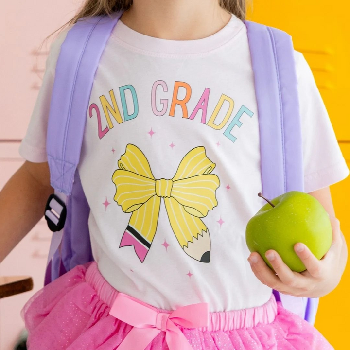 Second Grade Pencil Bow Tee in Pink